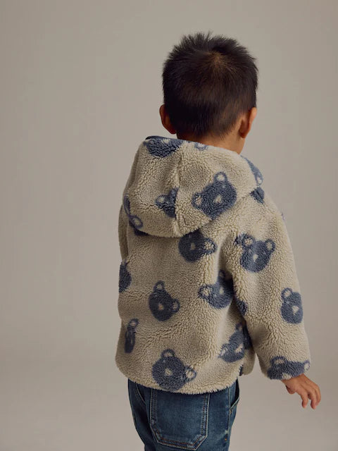 Cream And Grey Bear Patterned Fleece Zip Through Hooded Jacket