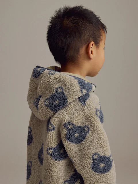 Cream And Grey Bear Patterned Fleece Zip Through Hooded Jacket