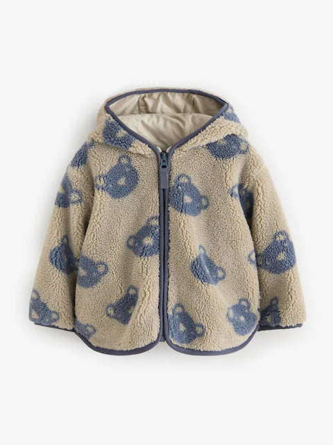 Cream And Grey Bear Patterned Fleece Zip Through Hooded Jacket