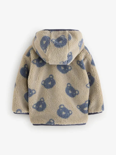 Cream And Grey Bear Patterned Fleece Zip Through Hooded Jacket