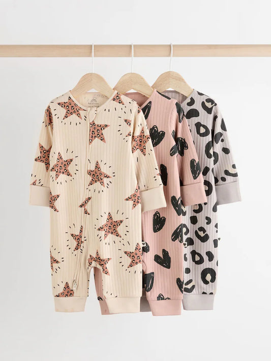 Brown Two Way Zip Footless Sleepsuits 3 Pack