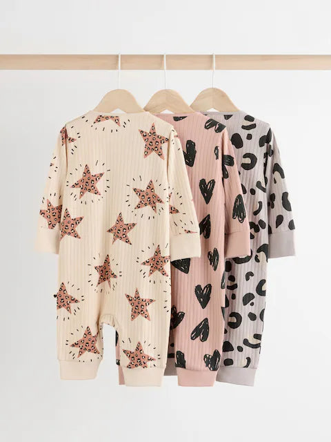 Brown Two Way Zip Footless Sleepsuits 3 Pack