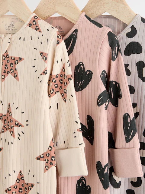 Brown Two Way Zip Footless Sleepsuits 3 Pack