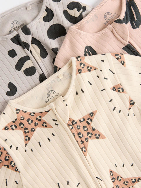 Brown Two Way Zip Footless Sleepsuits 3 Pack