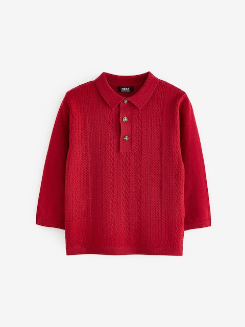 Red Long Sleeve Cable Polo Shirt