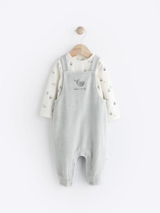 Grey Velour Dunagrees & bodysuit Set