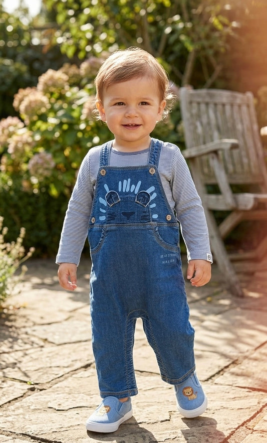 Lion Denim Dungarees & Stripe Bodysuit set