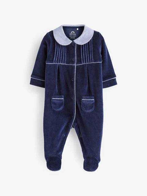 Navy Blue Baby Velour Collared Sleepsuit