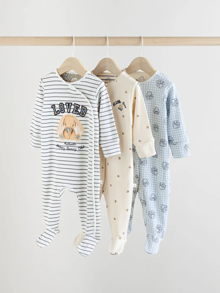 Blue/White Bunny 3 Pack Baby Sleepsuits