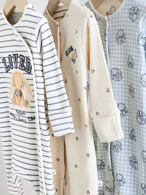 Blue/White Bunny 3 Pack Baby Sleepsuits