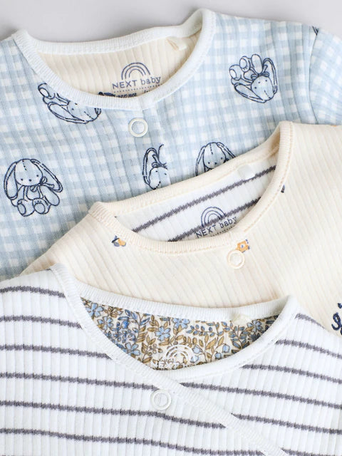 Blue/White Bunny 3 Pack Baby Sleepsuits