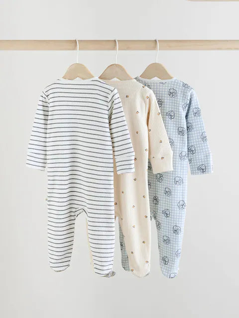 Blue/White Bunny 3 Pack Baby Sleepsuits