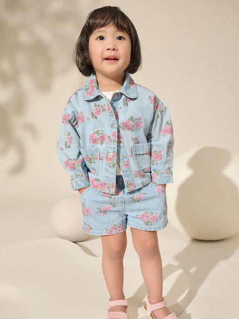 Blue Denim 100% Cotton Printed Shacket and Shorts Set