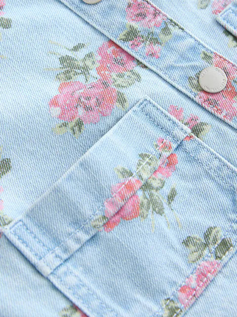 Blue Denim 100% Cotton Printed Shacket and Shorts Set