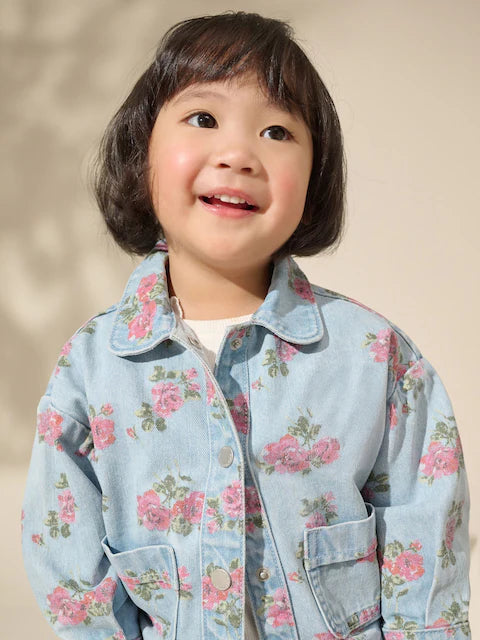 Blue Denim 100% Cotton Printed Shacket and Shorts Set