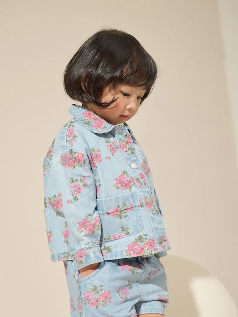 Blue Denim 100% Cotton Printed Shacket and Shorts Set