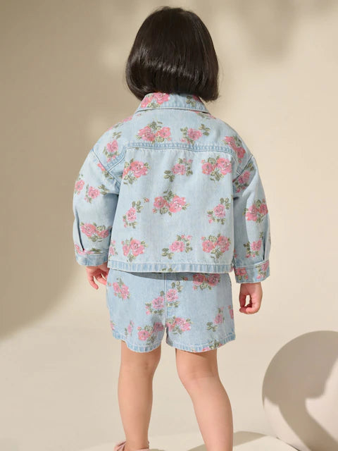 Blue Denim 100% Cotton Printed Shacket and Shorts Set