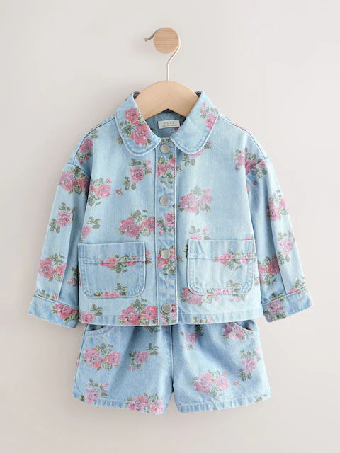 Blue Denim 100% Cotton Printed Shacket and Shorts Set