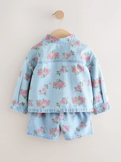 Blue Denim 100% Cotton Printed Shacket and Shorts Set