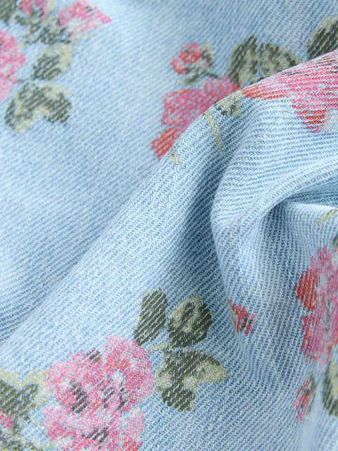 Blue Denim 100% Cotton Printed Shacket and Shorts Set