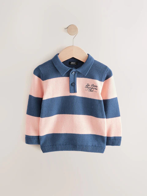 Navy Blue/Pink Stripe Knitted Rugby Shirt