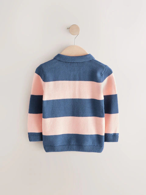 Navy Blue/Pink Stripe Knitted Rugby Shirt