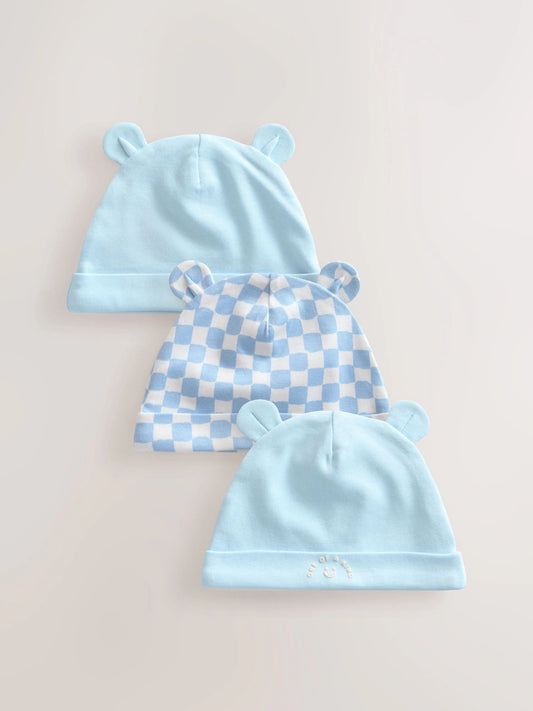 Blue 100% Cotton Baby Bear Ear Beanie Hats 3 Pack