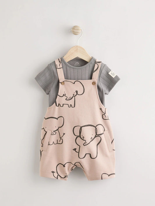 Mono Elephant Jersey 100% Cotton Dungaree and Bodysuit Baby Set