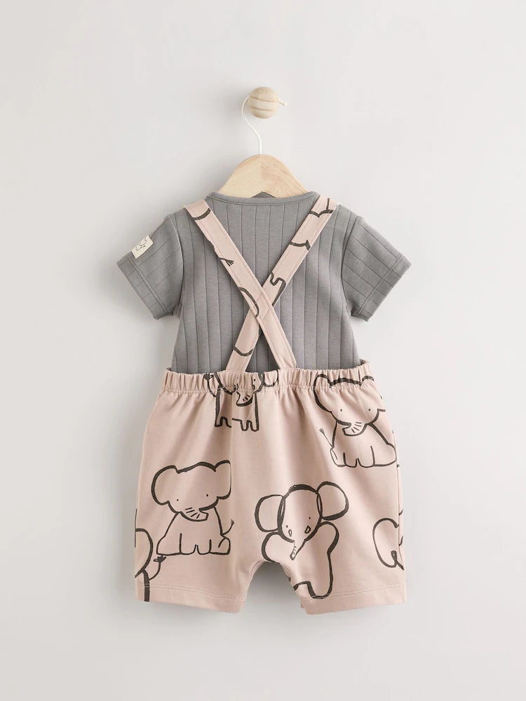 Mono Elephant Jersey 100% Cotton Dungaree and Bodysuit Baby Set
