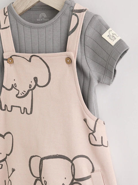 Mono Elephant Jersey 100% Cotton Dungaree and Bodysuit Baby Set