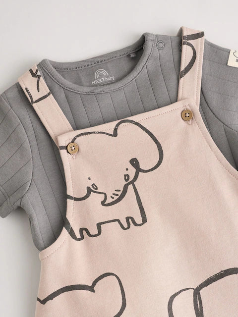 Mono Elephant Jersey 100% Cotton Dungaree and Bodysuit Baby Set