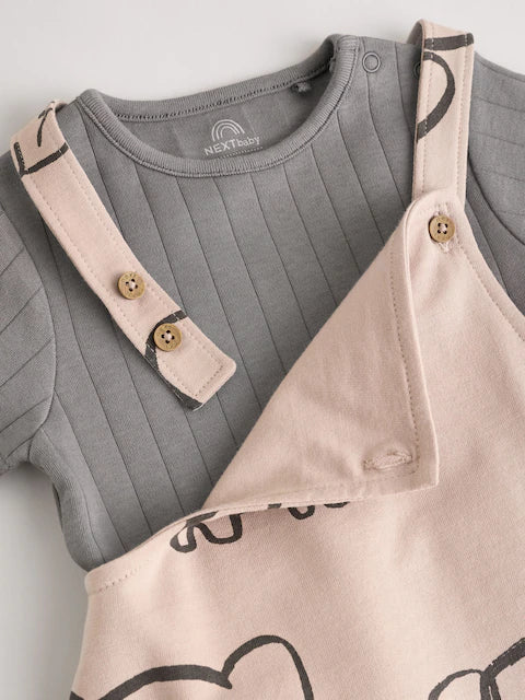 Mono Elephant Jersey 100% Cotton Dungaree and Bodysuit Baby Set