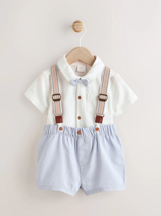 Blue Shirt Body, Shorts and Braces Baby 4 Piece Set
