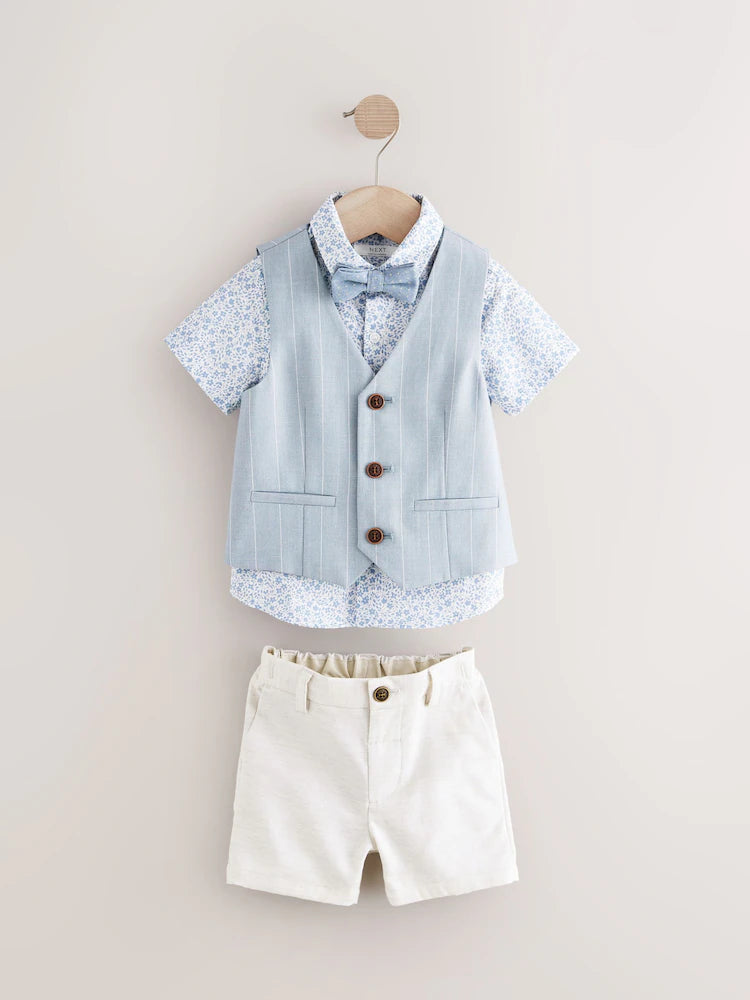 Blue Waistcoat Shirt Shorts and Bow Tie Set
