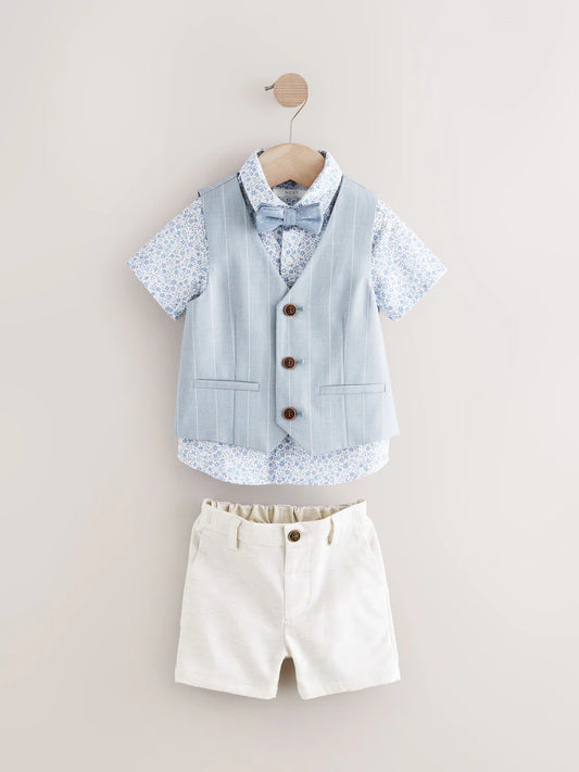 Blue Waistcoat Shirt Shorts and Bow Tie Set