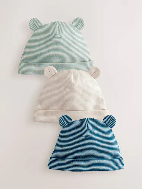 Blue Baby Stripe 100% Cotton Beanies 3 Pack
