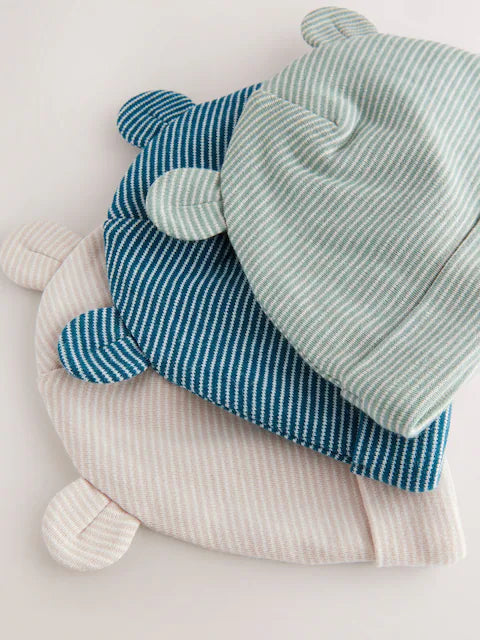 Blue Baby Stripe 100% Cotton Beanies 3 Pack