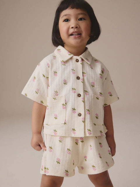 Pink/Cream Flower 100% Cotton Short Sleve Shirt and Shorts Set