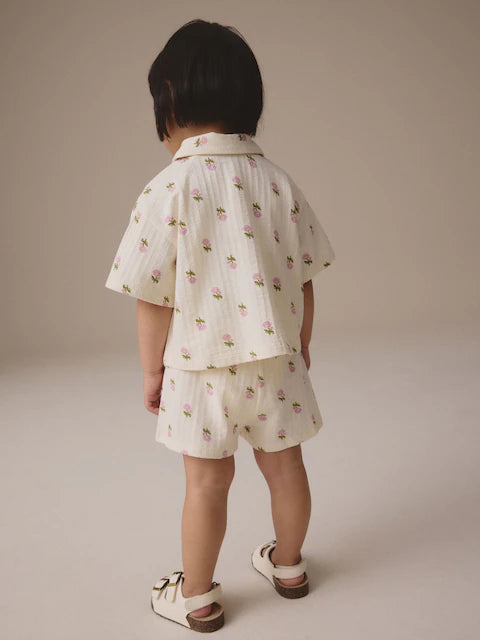 Pink/Cream Flower 100% Cotton Short Sleve Shirt and Shorts Set