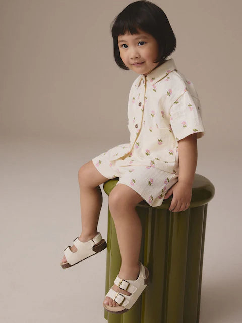 Pink/Cream Flower 100% Cotton Short Sleve Shirt and Shorts Set