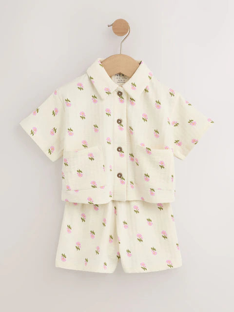 Pink/Cream Flower 100% Cotton Short Sleve Shirt and Shorts Set