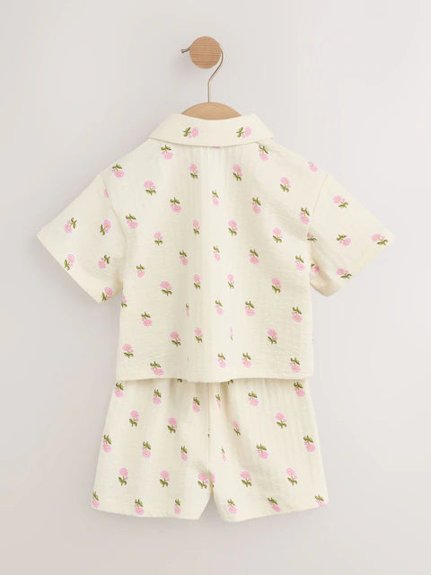 Pink/Cream Flower 100% Cotton Short Sleve Shirt and Shorts Set