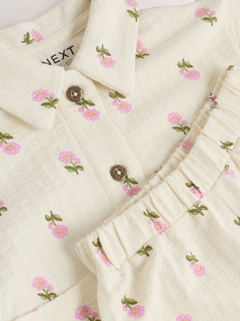 Pink/Cream Flower 100% Cotton Short Sleve Shirt and Shorts Set