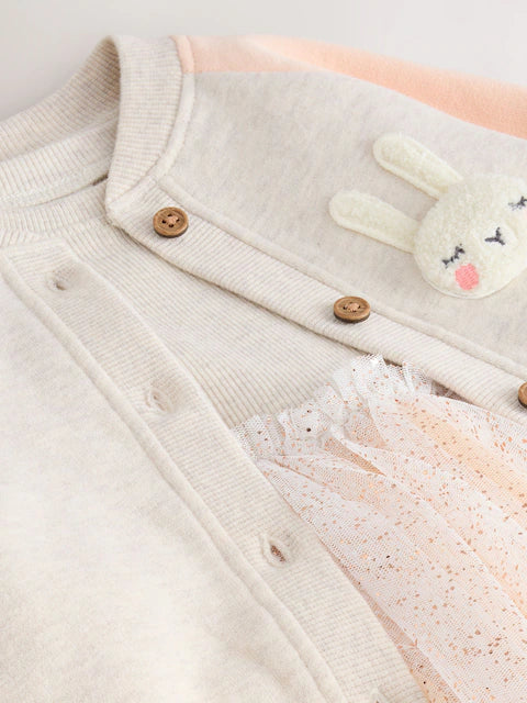 Character Oatmeal & Pink Long Sleeve Dress & Bomber Cardigan Set