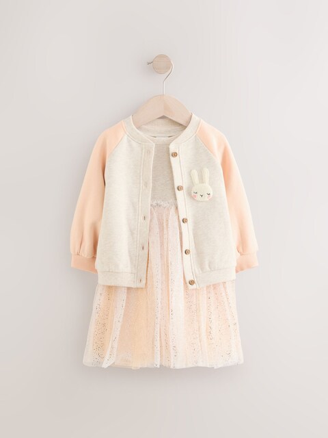 Character Oatmeal & Pink Long Sleeve Dress & Bomber Cardigan Set