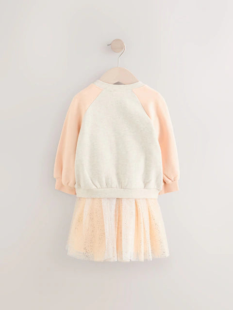 Character Oatmeal & Pink Long Sleeve Dress & Bomber Cardigan Set