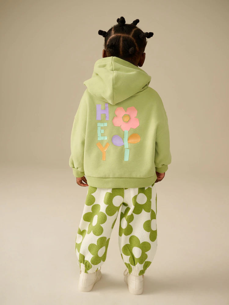 Green Flower Hoodie and Printed Joggers Set