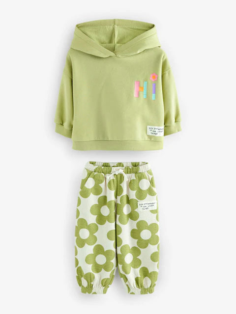 Green Flower Hoodie and Printed Joggers Set