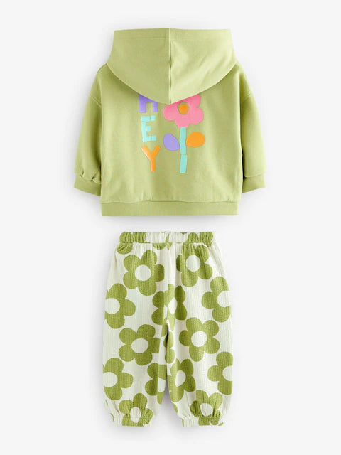 Green Flower Hoodie and Printed Joggers Set