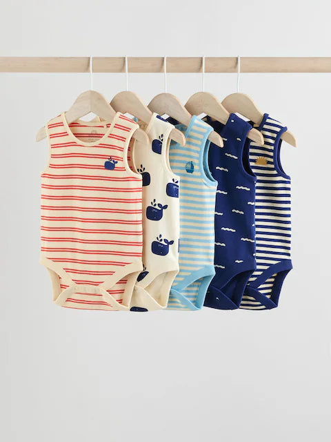 Blue/Red Stripe Nautical Baby Vest Bodysuits 5 Pack